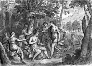 Nymphs crowning a seated female figure in a wood