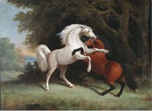 Two Horses Fighting In A Woodland Clearing by George Stubbs