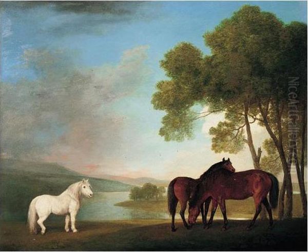 Two Mares And A Pony In A River Landscape - view 1