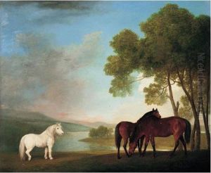 Two Mares And A Pony In A River Landscape by George Stubbs