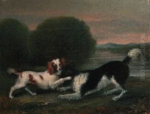 Spaniels Playing In A Wooded River Landscape by George Stubbs