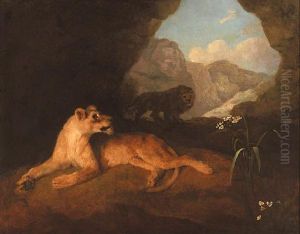 A Lion And Lioness In A Cave by George Stubbs
