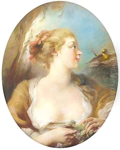Portrait of a lady, half length, listening to a songbird - view 1