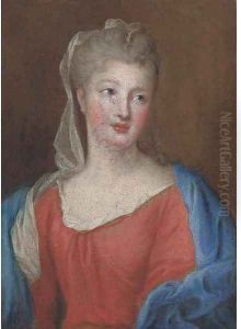 Portrait of a lady, in a red dress and blue cloak by French School