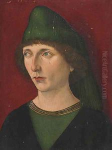Portrait of a man, bust-length, in a green and black shirt and green cap by French School