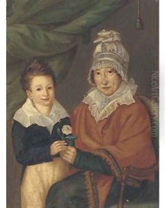 Portrait of a mother and son holding a rose by French School