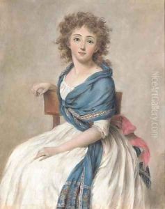Portrait of a seated woman wearing a blue shawl