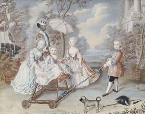 The children of a noble family playing in an elegant park attended by a page, a pug in the foreground
