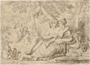 Venus and Adonis with cupids in a bower by French School