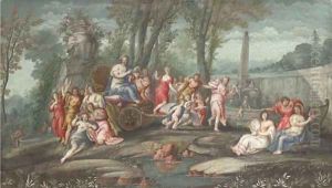Venus and Cupid in a chariot attended by nymphs and muses