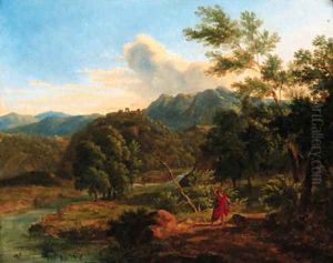 A classical landscape with a man fighting off a serpent