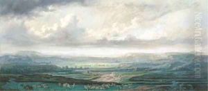 A mountain valley with shepherds and their flocks in the foreground