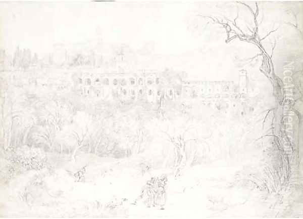 A view of the Villa of Maecenas at Tivoli, with figures on a path in the foreground - view 1