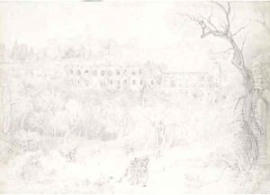 A view of the Villa of Maecenas at Tivoli, with figures on a path in the foreground by French School