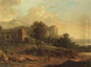 An Italianate landscape with figures on a path, a castle beyond