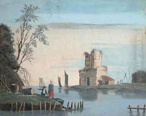 Figures in a lakeside landscape by French School