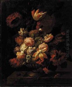Parrot tulips, narcissi, carnations, peonies and other flowers in an urn on a stone ledge by French School