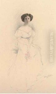 Portrait of a lady, full-length, with a bouquet of flowers
