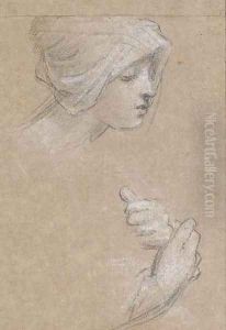 The head of a woman in profile to the right, with subsidiary studies of hands by French School