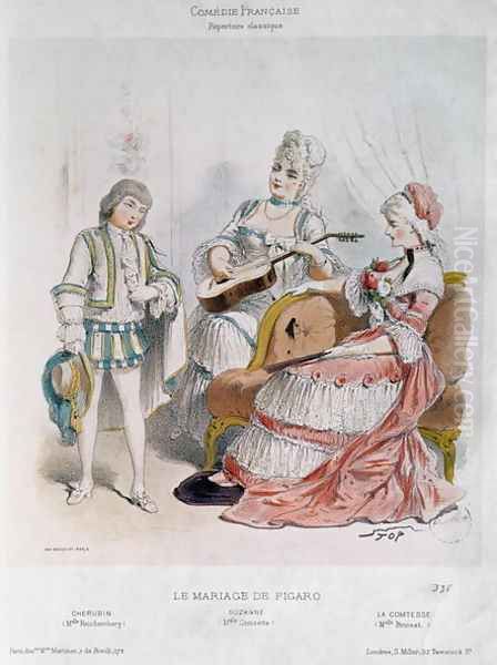 Mademoiselle Reichemberg as Cherubin, Mademoiselle Croizette as Suzanne and Mademoiselle Broisat as the Countess in The Marriage of Figaro by Pierre-Augustin Caron de Beaumarchais 1732-99 - view 1