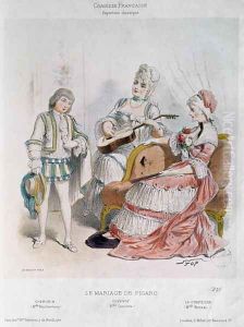 Mademoiselle Reichemberg as Cherubin, Mademoiselle Croizette as Suzanne and Mademoiselle Broisat as the Countess in The Marriage of Figaro by Pierre-Augustin Caron de Beaumarchais 1732-99