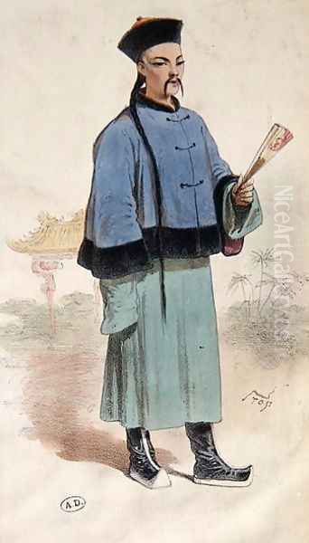 Mandarin in a fur trimmed coat with fan, c.1860 - view 1