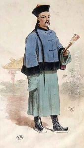 Mandarin in a fur trimmed coat with fan, c.1860