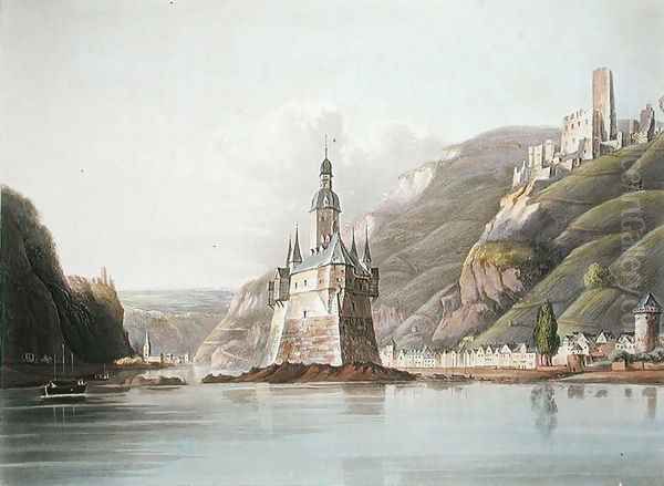 Pfalz Castle and the Town of Laub, illustration from A Picturesque Tour along the Rhine, from Mentz to Cologne, engraved by T. Sutherland, published 1820 - view 1