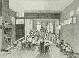 Interior View of the School connected with John Bunyan's Meeting House in Zoar Street, Southwark, engraved by Dale, 1822 by Schnibbelee