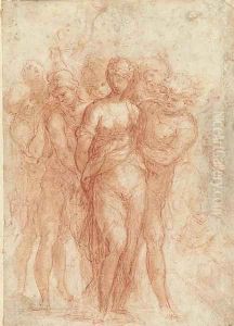 Figures binding the hands of a standing female