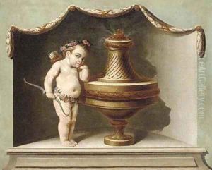Cupid standing by an incense burner in a niche