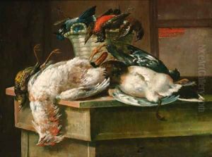 Dead game with a basket and a plate in an interior by Italian School