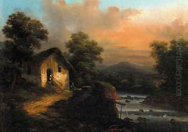 Figures by a river, a mountain beyond - view 1