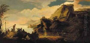 Figures in a coastal inlet by Italian School