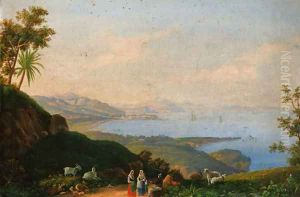 Figures conversing on a track, the Neopolitan coast beyond