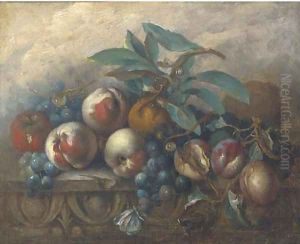 Peaches, grapes, oranges and an apple on an ornamental ledge