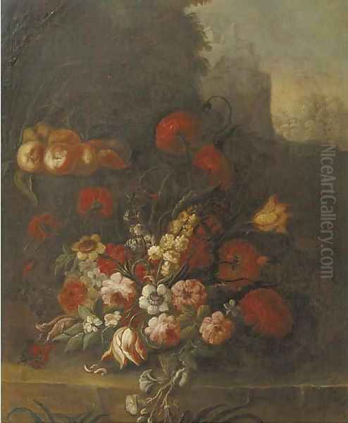 Tulips, roses, peonies, narcissus and other flowers and peaches on a ledge - view 1