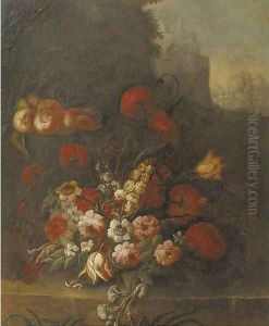 Tulips, roses, peonies, narcissus and other flowers and peaches on a ledge