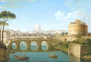 Castel Sant'Angelo in the foreground, St Peter's in the distance by Italian School