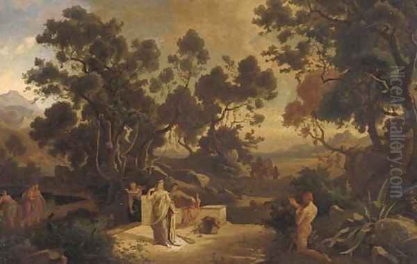 Classical figures at a Mediterranean shore, a citadel beyond - view 1