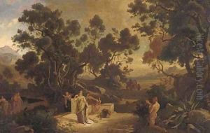 Classical figures at a Mediterranean shore, a citadel beyond