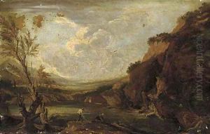 Figures drawing in the nets from the banks of a river
