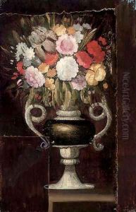 Carnations, narcissi and other flowers in an urn on a ledge