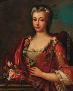 Portrait of a lady, half-length, in a red and grey dress decorated with flowers