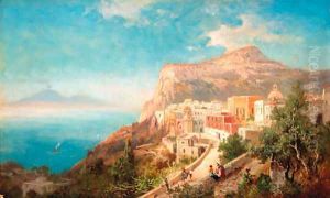 Figures on a coastal path with Capri beyond