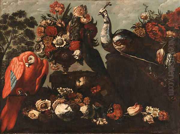 Parrots, a Peacock and Flowers in an Ornamental Garden - view 1