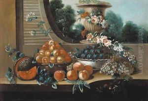 A basket of peaches, with a bowl of plums by Italian School