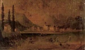 A Mediterranean coastal landscape with fishermen