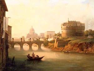 A view of the Tiber with Castel Sant'Angelo, Ponte Sant'Angelo with Saint Peter's beyond by Italian School