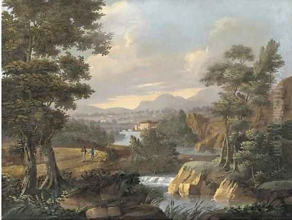 An extensive view on the Roman campagna, with two travellers on a road, a villa beyond - view 1